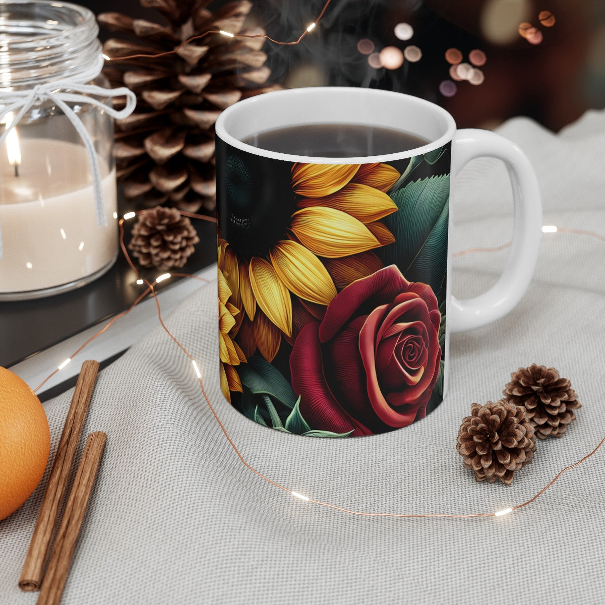Mug Fleurs Tournesol et Rose Illustration Florale Rouge & Jaune Cadeau Élégant pour Femme, Amour & Nature