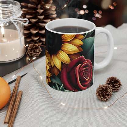 Mug Fleurs Tournesol et Rose Illustration Florale Rouge & Jaune Cadeau Élégant pour Femme, Amour & Nature