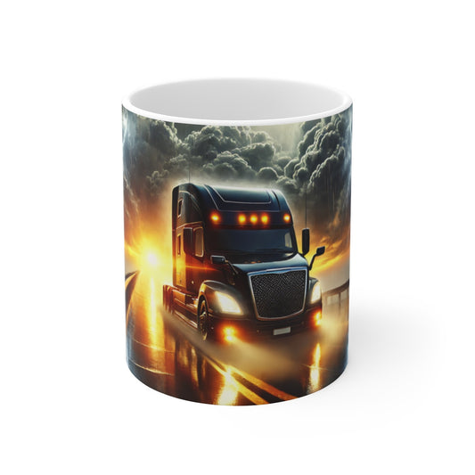 Mug Camion Poids Lourd Noir  Scène d’Orage Épique sur la Route  Cadeau Routier Passionné de Camions & Mécanique
