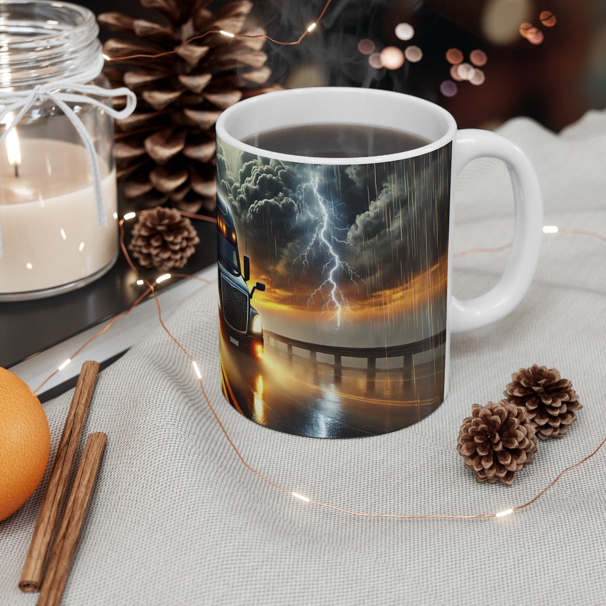 Mug Camion Poids Lourd Noir  Scène d’Orage Épique sur la Route  Cadeau Routier Passionné de Camions & Mécanique