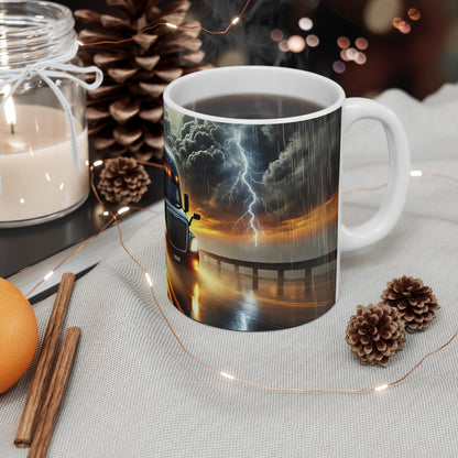 Mug Camion Poids Lourd Noir  Scène d’Orage Épique sur la Route  Cadeau Routier Passionné de Camions & Mécanique