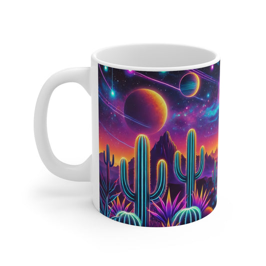 Mug Paysage Cosmique Désert  Cactus Néon & Galaxie Colorée Cadeau Original Nature Fantastique & Science-Fiction