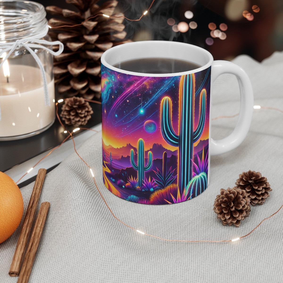 Mug Paysage Cosmique Désert  Cactus Néon & Galaxie Colorée Cadeau Original Nature Fantastique & Science-Fiction