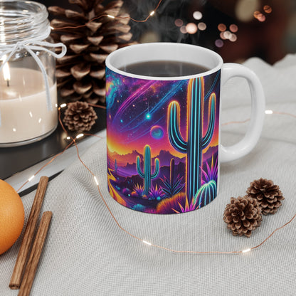 Mug Paysage Cosmique Désert  Cactus Néon & Galaxie Colorée Cadeau Original Nature Fantastique & Science-Fiction