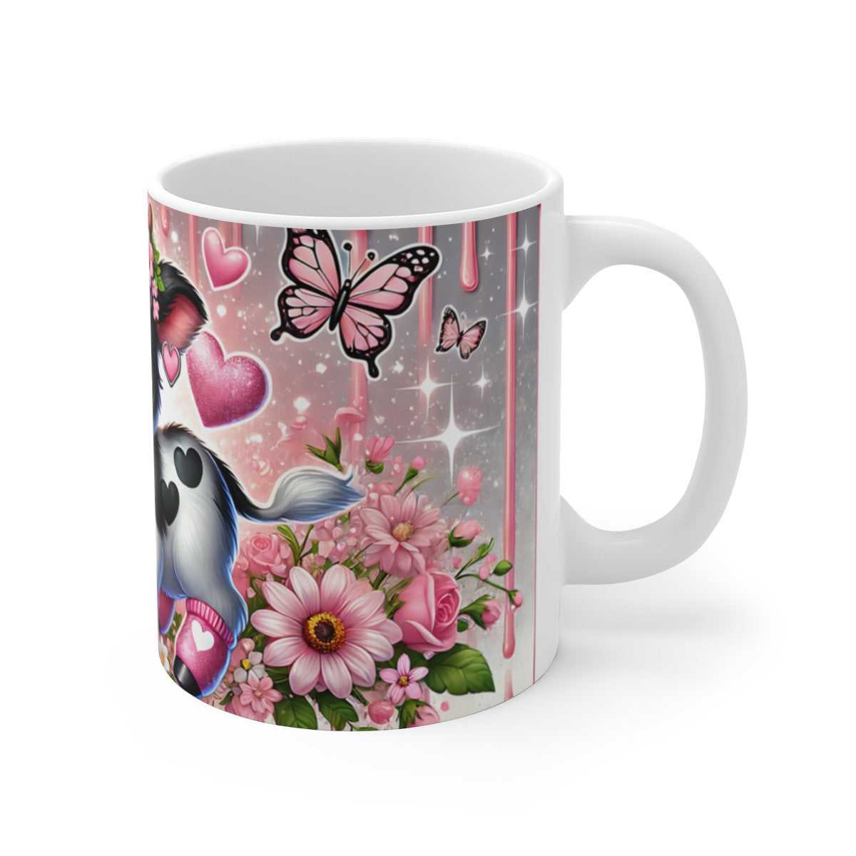 Mug Vache Trop Mignonne  Fleurs Roses, Papillons et Paillettes Cadeau Doux et Girly pour Amoureux des Animaux
