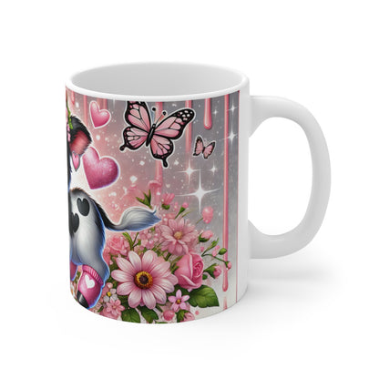 Mug Vache Trop Mignonne  Fleurs Roses, Papillons et Paillettes Cadeau Doux et Girly pour Amoureux des Animaux