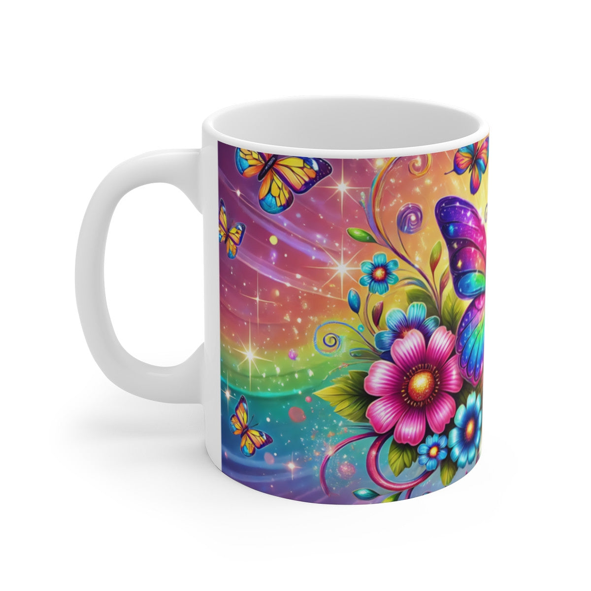 Mug Papillon Multicolore avec Fleurs Arc-en-Ciel Illustration Fantastique et Brillante Cadeau  pour Fan de Papillons