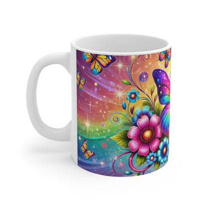 Mug Papillon Multicolore avec Fleurs Arc-en-Ciel Illustration Fantastique et Brillante Cadeau  pour Fan de Papillons