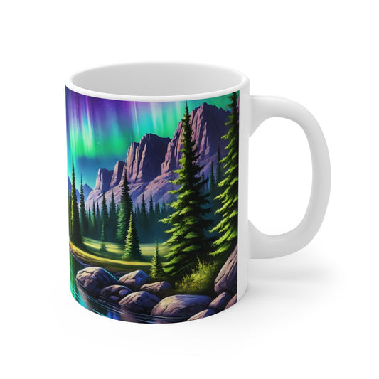 Mug Aurores Boréales Forêt de Sapins et Montagnes au Coucher du Soleil  Tasse Nature pour Amoureux des Paysages