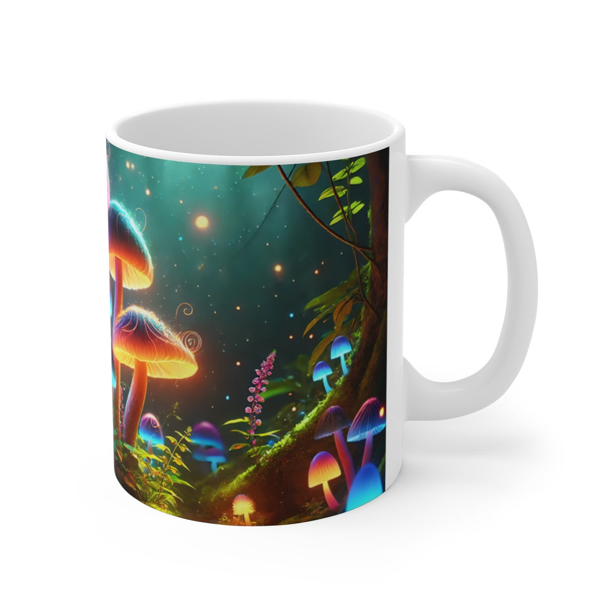 Mug Champignons Lumineux Forêt Magique Art Fantastique Fluorescent, Scène Enchantée Colorée Cadeau Nature