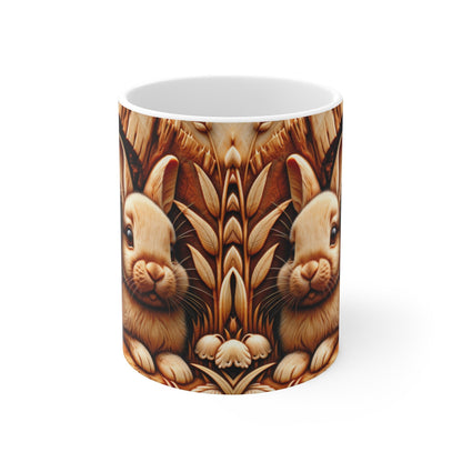 Mug Lapins Gravés Bois Illustration Rustique de Petits Lapins Sculptés Art Nature Douce, Forêt, Animaux