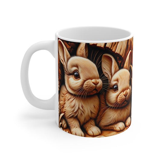 Mug Lapins Gravés Bois Illustration Rustique de Petits Lapins Sculptés Art Nature Douce, Forêt, Animaux