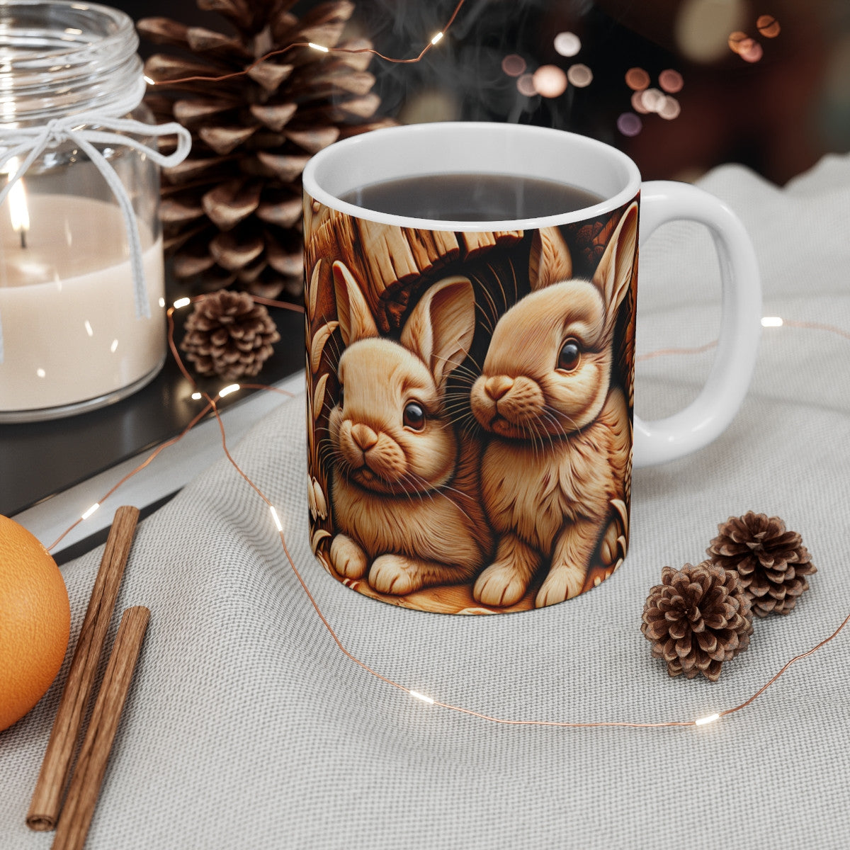 Mug Lapins Gravés Bois Illustration Rustique de Petits Lapins Sculptés Art Nature Douce, Forêt, Animaux
