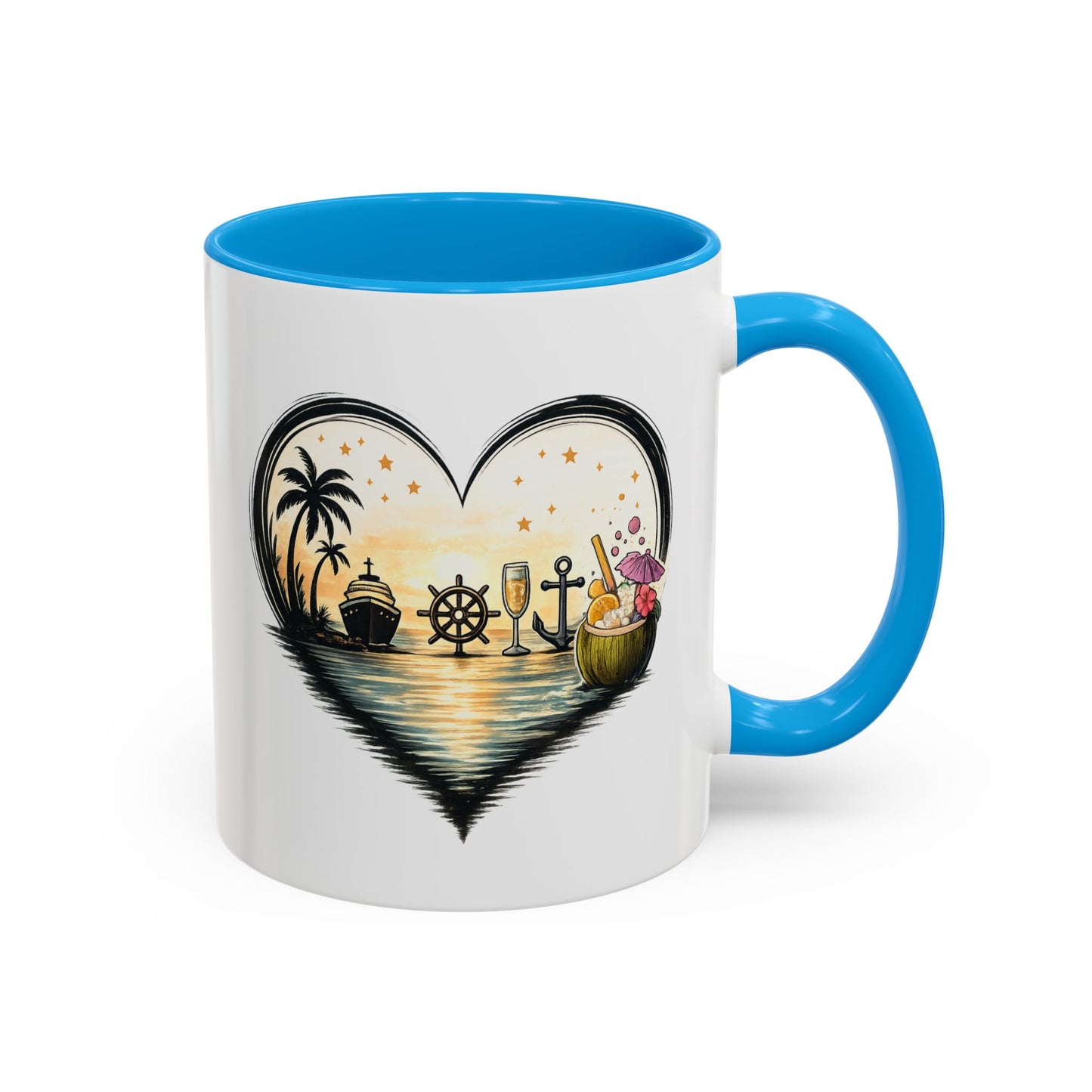 Tasse Cœur Tropical Mer et Cocktail – Mug Ambiance Vacances Palmier Bateau – Cadeau Été et Détente – Céramique 325ml
