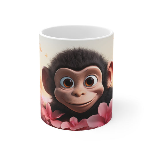 Mug Bébé Singe Mignon  Illustration avec Fleurs Roses et Sourire Attendrissant  Cadeau Amusant et Tendre