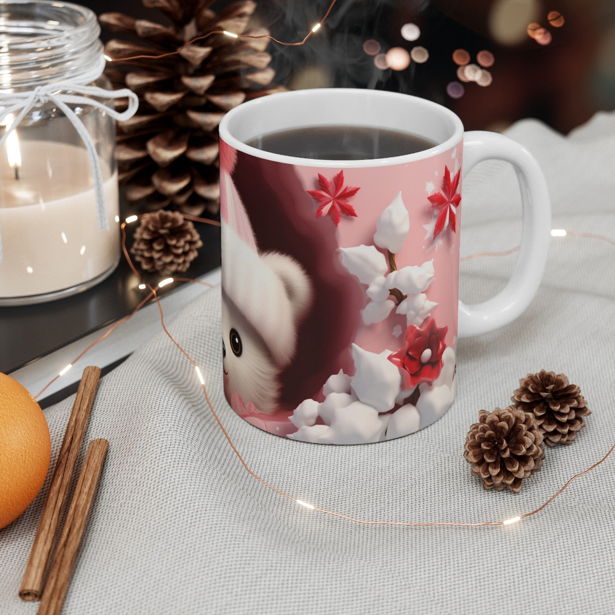 Mug Ours Polaire Mignon  Illustration Hivernale avec Bonnet Rose et Décor Neigeux Cadeau Cocooning et Tendre