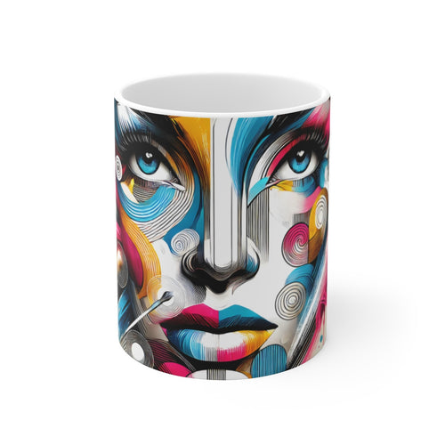 Mug Visage Femme Pop Art Abstrait Couleurs Vives, Style Moderne Graphique Cadeau Design & Créatif