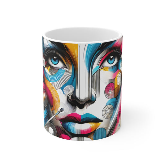 Mug Visage Femme Pop Art Abstrait Couleurs Vives, Style Moderne Graphique Cadeau Design & Créatif