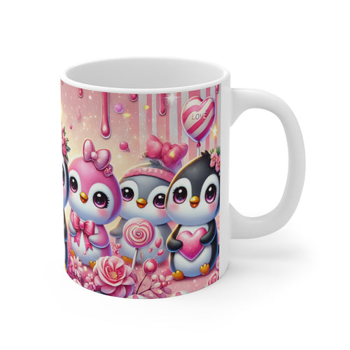 Mug Pingouins Kawaii avec Cœurs & Bonbons Cadeau Mignon Saint-Valentin Rose Pastel & Style Chibi
