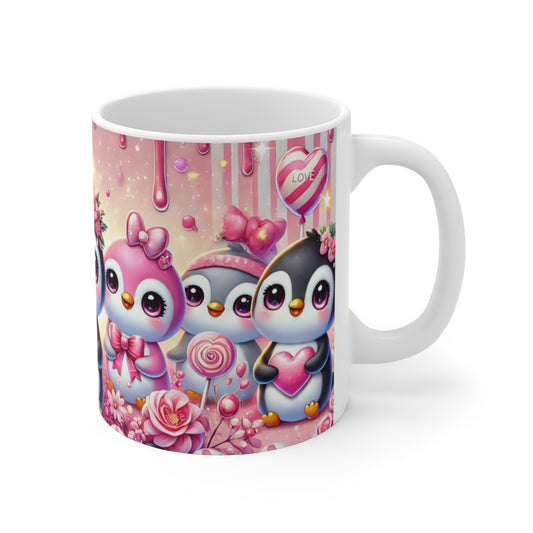 Mug Pingouins Kawaii avec Cœurs & Bonbons Cadeau Mignon Saint-Valentin Rose Pastel & Style Chibi