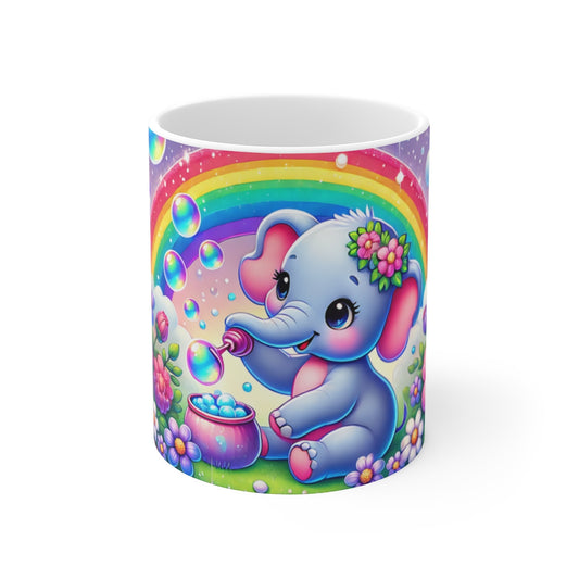 Mug Bébé Éléphant Kawaii avec Arc-en-Ciel et Bulles  Cadeau Mignon Enfant ou Naissance  Style Pastel