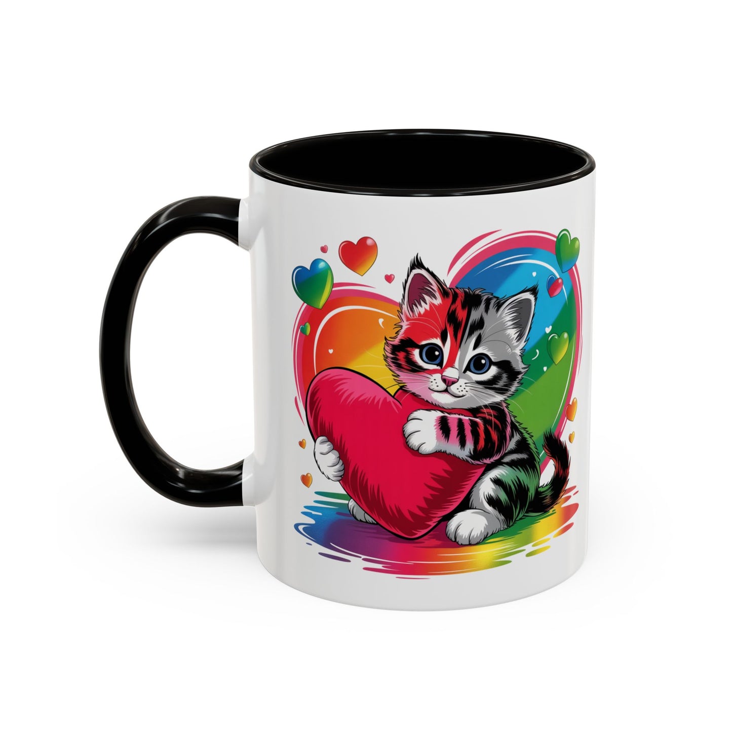 Mug Chat Kawaii avec Cœur Coloré Arc-en-Ciel – Tasse Mignonne Cadeau Original Amoureux des Chats – Céramique 325ml