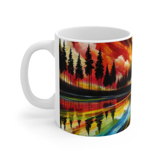 Mug Forêt Abstraite Arc-en-Ciel  Reflets Colorés et Ciel  Art Paysager Psychédélique et Nature Moderne