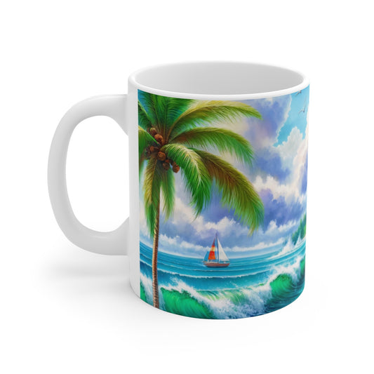 Mug Plage Tropicale  Voilier, Palmiers & Océan Émeraude Illustration Paradisiaque Fleurie Cadeau Vacances, Été, Détente