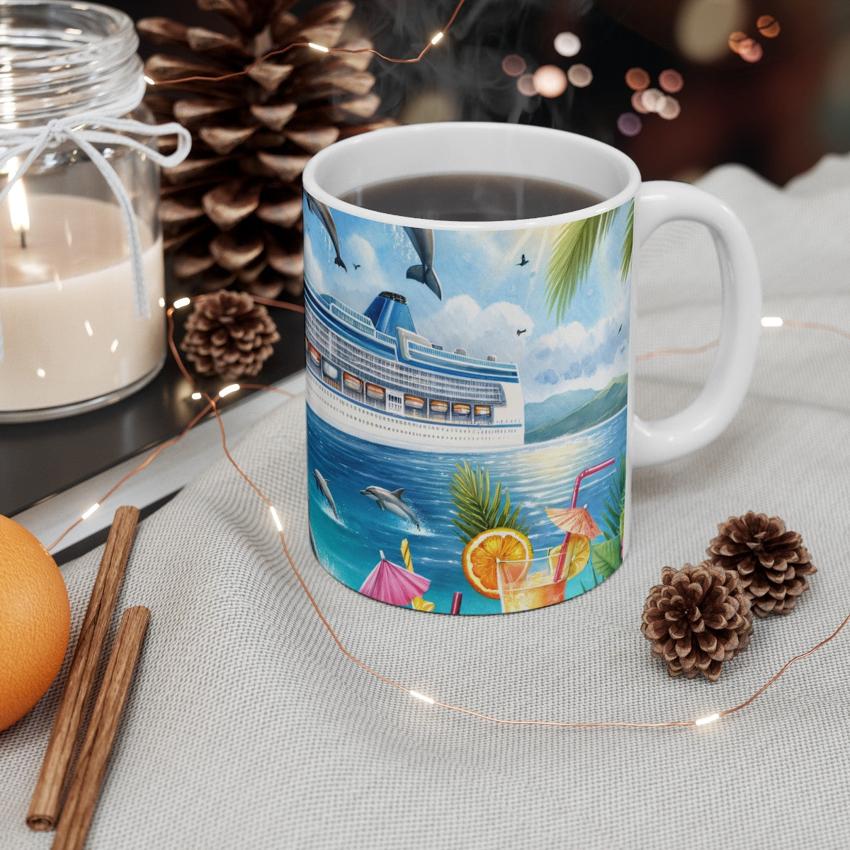 Mug Croisière Évasion Paquebot, Dauphins & Plage Exotique  Illustration Vacances en Mer, Cocktails