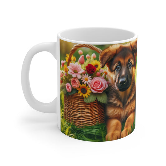 Mug Chiots et Fleurs  Chiens Mignons avec Panier Fleuri  Tasse Adorable Cadeau Animalier