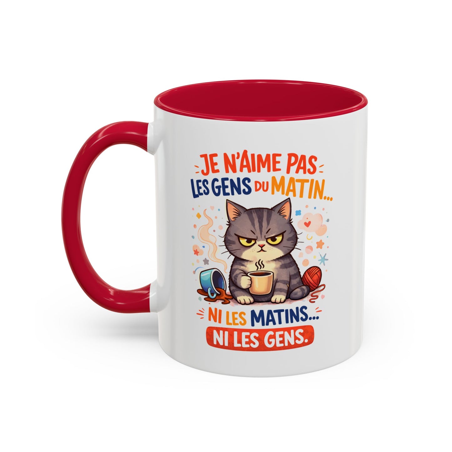 Tasse Chat Drôle “Je n’aime pas les gens du matin” – Mug Humour Chat Café Noir Bleu Rouge – Cadeau Original Amoureux des Chats 325ml