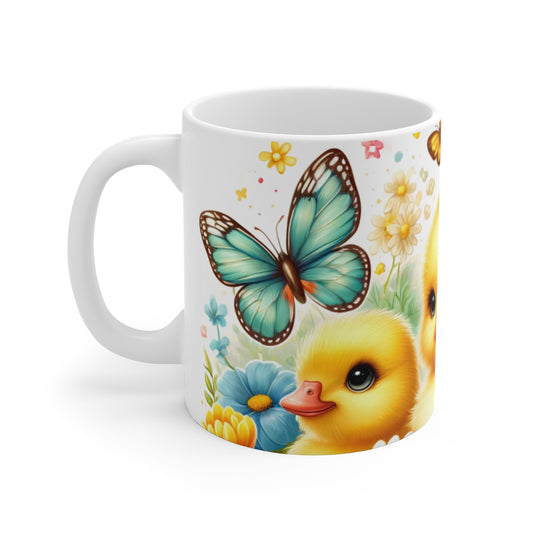 Mug Canetons avec Noeuds et Papillons Tasse Printanière  Jaune & Rose pour Enfants et Amoureux des Animaux