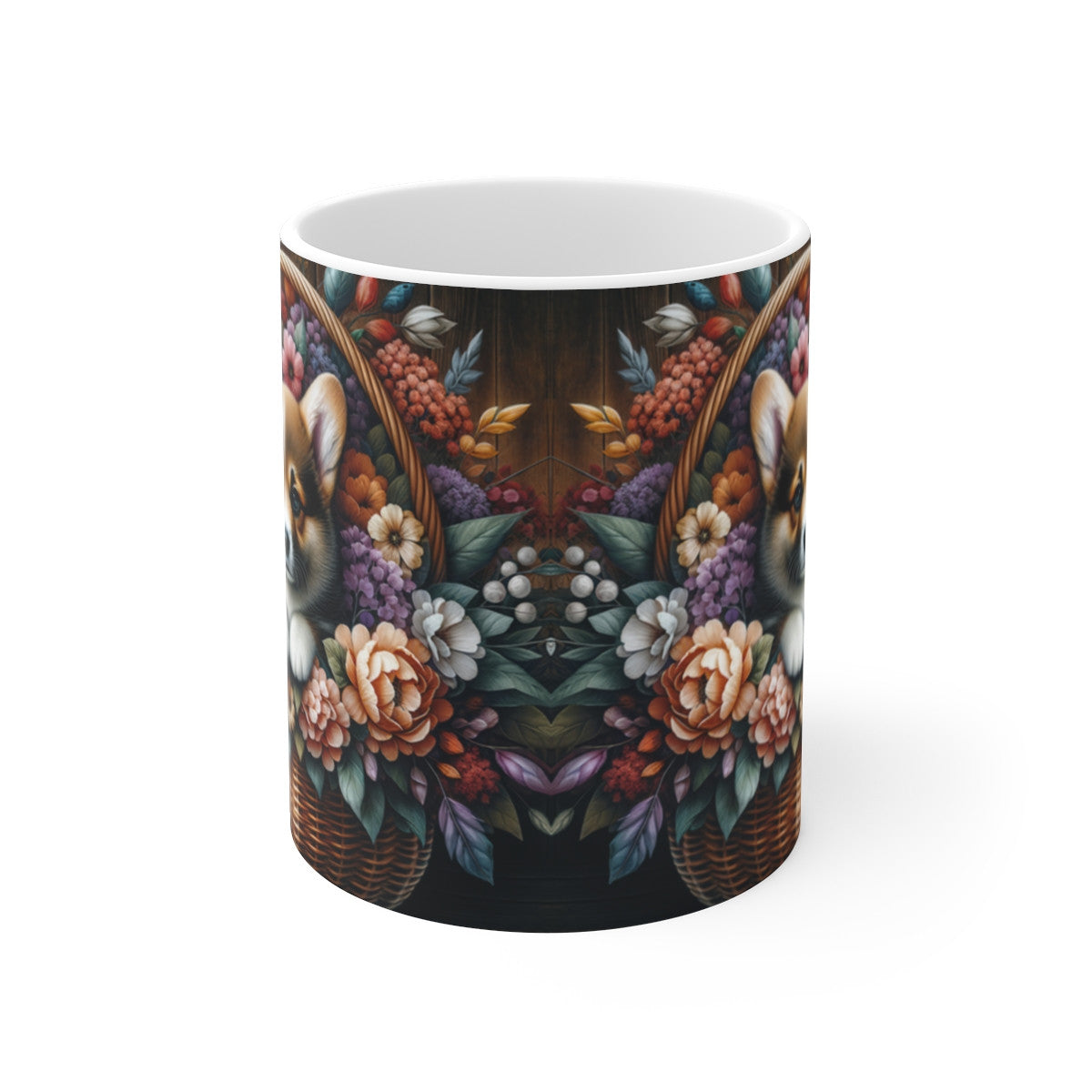 Mug Chiot Corgi Adorable  Tasse Fleurie Rustique avec Chien dans Panier, Idée Cadeau Amoureux des Chiens