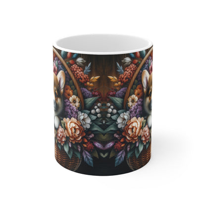 Mug Chiot Corgi Adorable  Tasse Fleurie Rustique avec Chien dans Panier, Idée Cadeau Amoureux des Chiens