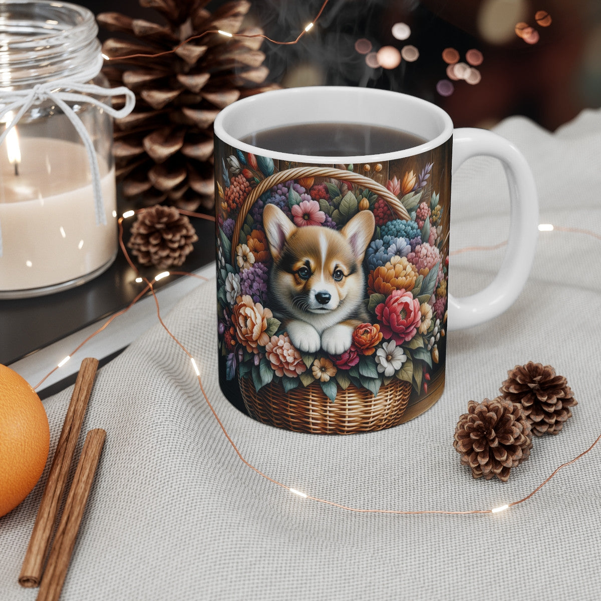 Mug Chiot Corgi Adorable  Tasse Fleurie Rustique avec Chien dans Panier, Idée Cadeau Amoureux des Chiens