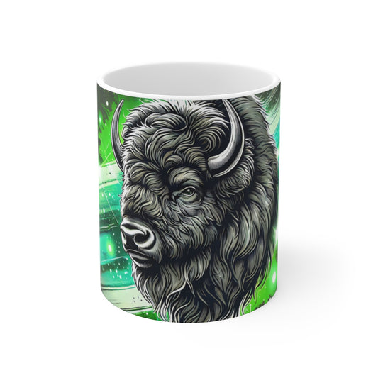 Tasse Bison Stylisé Mug Animal Totem Tribal Vert Électrique  Design Moderne et Puissant