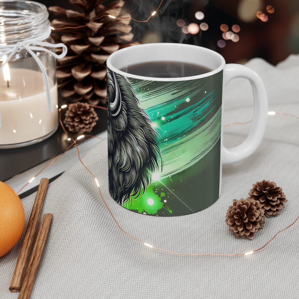 Tasse Bison Stylisé Mug Animal Totem Tribal Vert Électrique  Design Moderne et Puissant