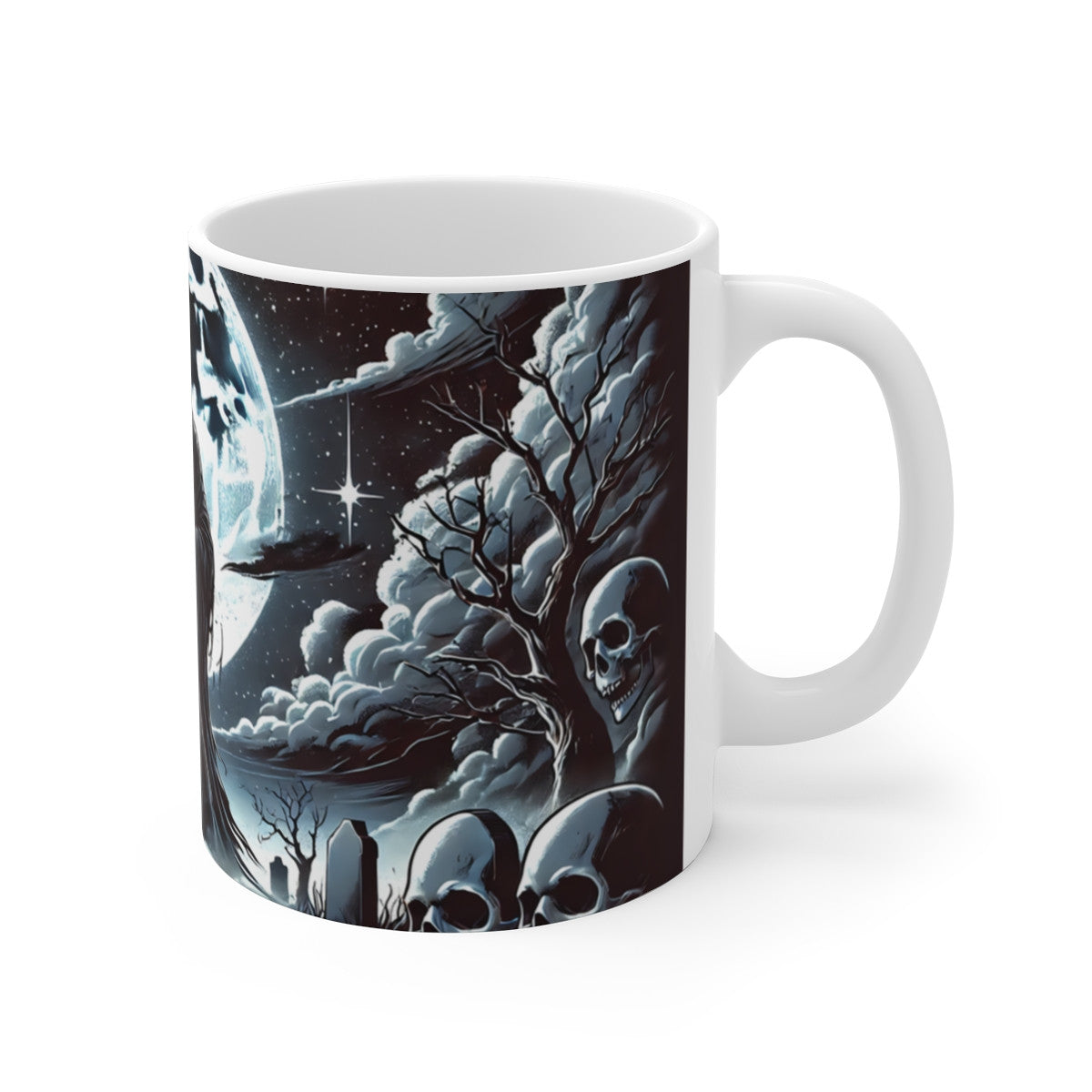 Tasse Faucheuse Gothique  Mug Crâne & Squelette sous Pleine Lune  Art Macabre Noir & Blanc