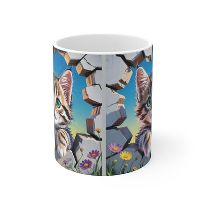 Tasse Chaton Curieux qui Traverse un Mur  Mug Chat Rayé Mignon avec Fleurs Cadeau Amoureux des Chats