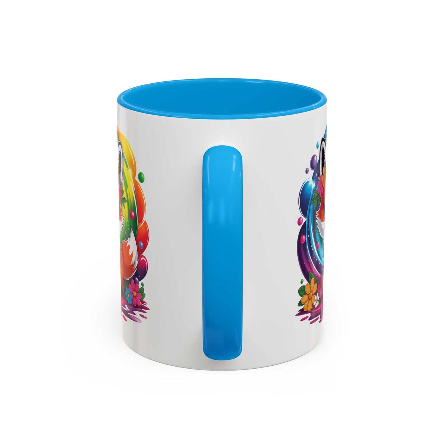 Mug Renard Mignon Multicolore – Tasse Design Kawaii Renard et Fleurs Arc-en-ciel – Cadeau Original 325ml
