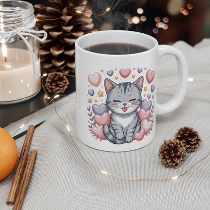 Tasse Chat Gris  Mug Chaton Mignon avec Cœurs Pastel Cadeau Idéal Enfant, Ado & Fan de Chats