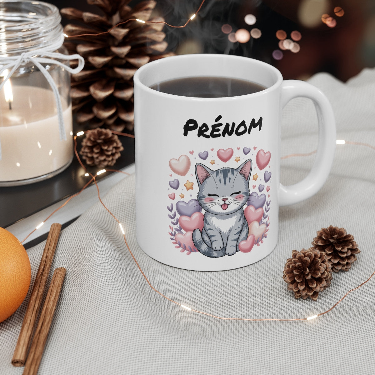 Mug Chat Kawaii Personnalisé Prénom – Tasse Café 11oz Céramique Cadeau Mignon Fille Ado