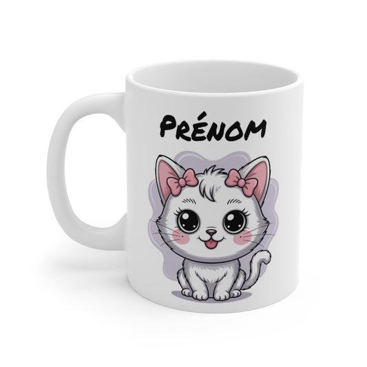 Mug Chaton Blanc Personnalisé Prénom  Tasse 325ml Mignonne Fille Ado Cadeau Original