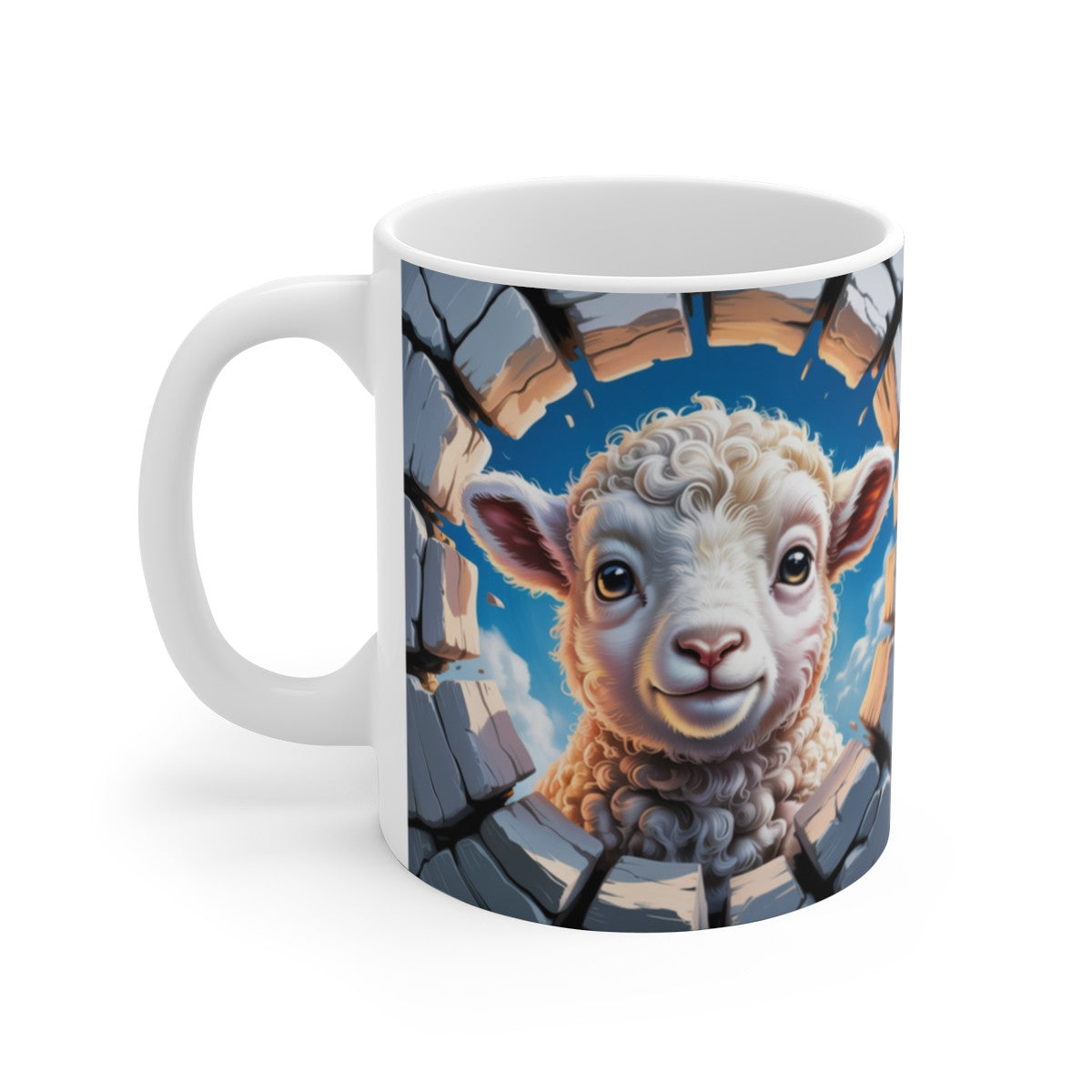 Mug Mouton 3D Tasse Effet Mur Cassé Agneau Mignon en Trompe-l’œil 325ml pour enfant et adulte