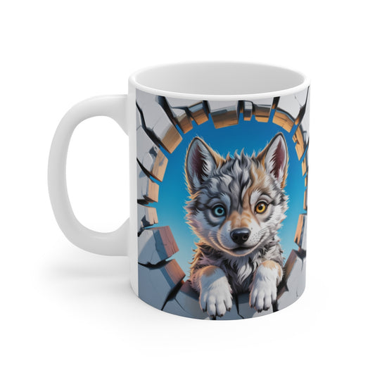 Mug Loup 3D Bébé Loup aux Yeux Vairons  Tasse Effet Mur Cassé  Illustration Mignonne Animale 325ml