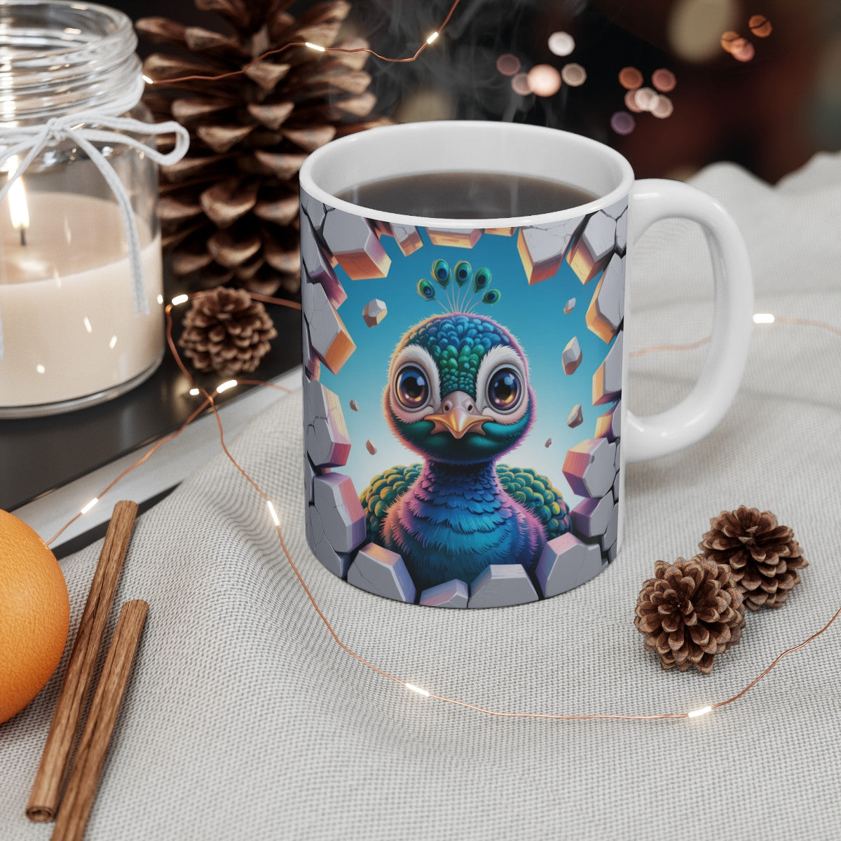 Tasse Paon Bébé 3D Mug Animal Coloré Effet Mur Éclaté Cadeau Original pour Enfants et Amoureux des Oiseaux Exotiques