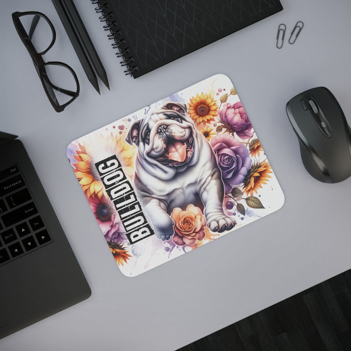 Tapis de souris Bulldog Art floral coloré et fun  Tapis antidérapant 22x18 cm  Pour bureau, gaming ou déco canine