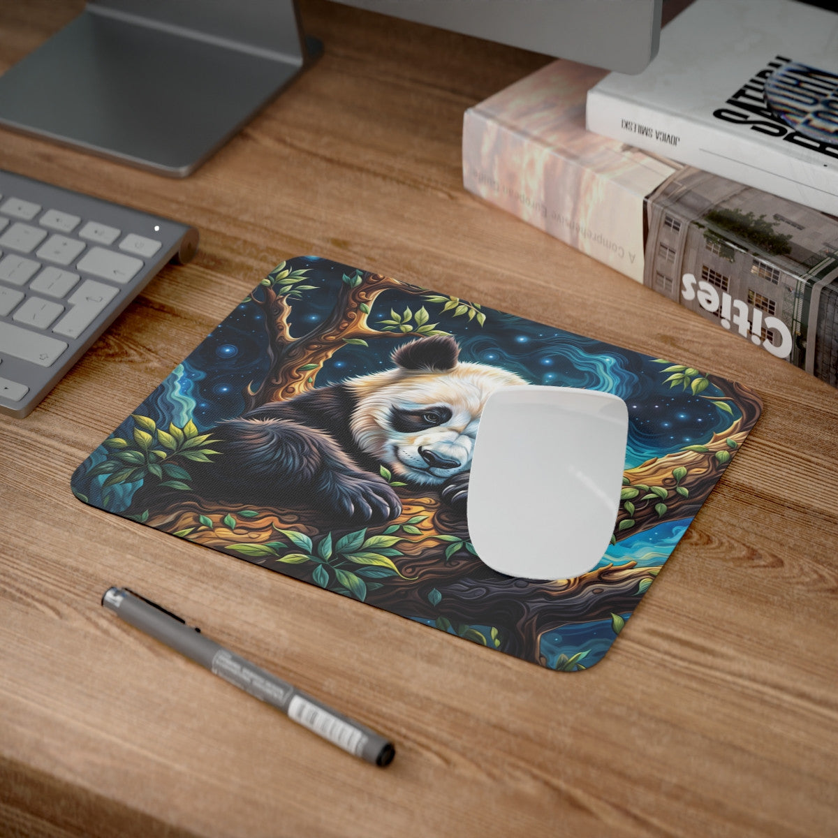 Tapis de Souris Panda Cosmique Illustration Rêveuse sous Ciel Étoilé Style Fantastique Zen & Nature