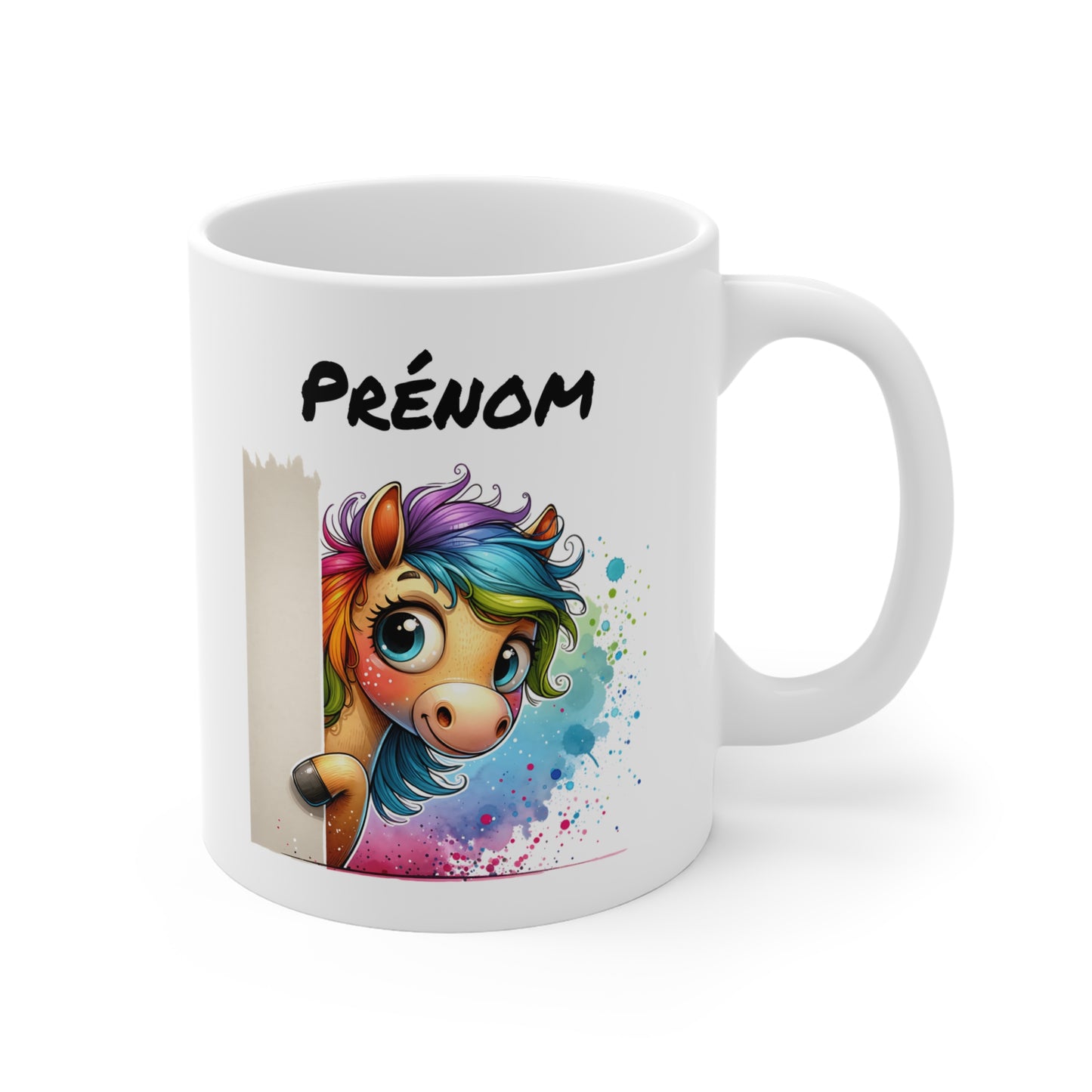 Tasse Personnalisable Cheval Mignon – Mug Prénom Illustration Colorée Arc-en-Ciel – Cadeau Animal Rigolo 325ml