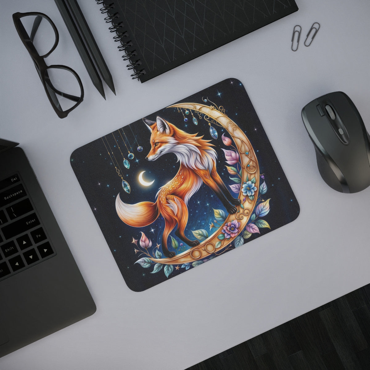 Tapis de Souris Renard Féerique sur Croissant de Lune Illustration Magique Nocturne  Décoration Mystique et Élégante